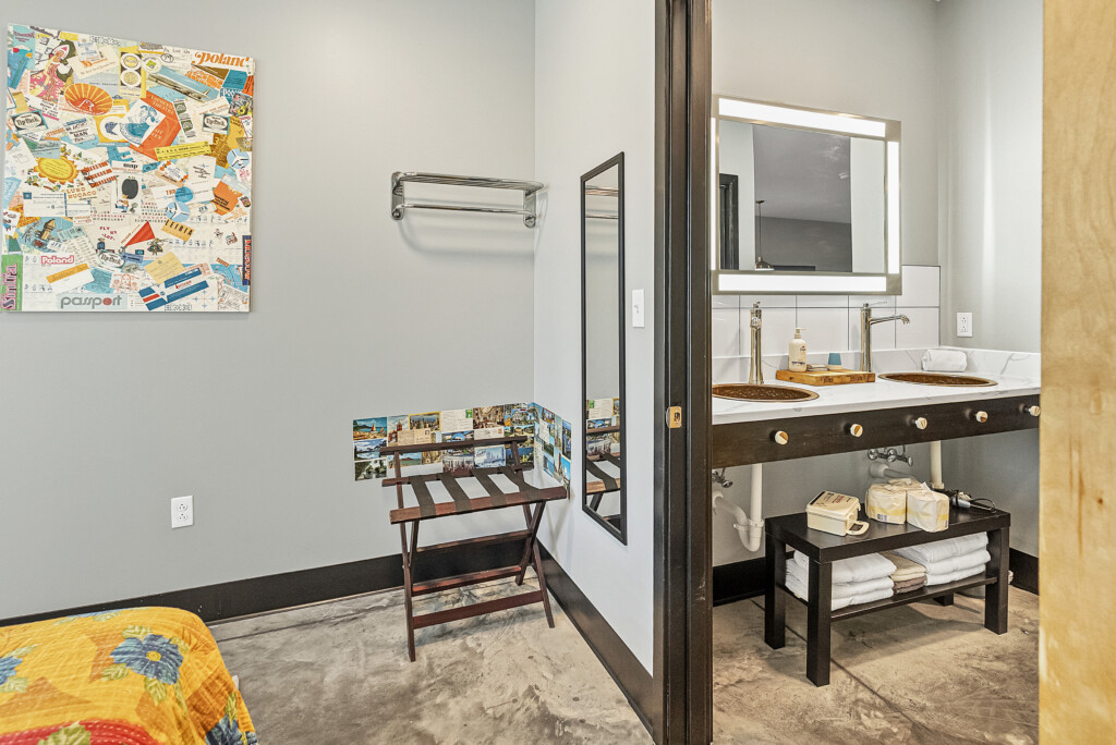 Boxcar 1 has a full bathroom near the queen bedroom