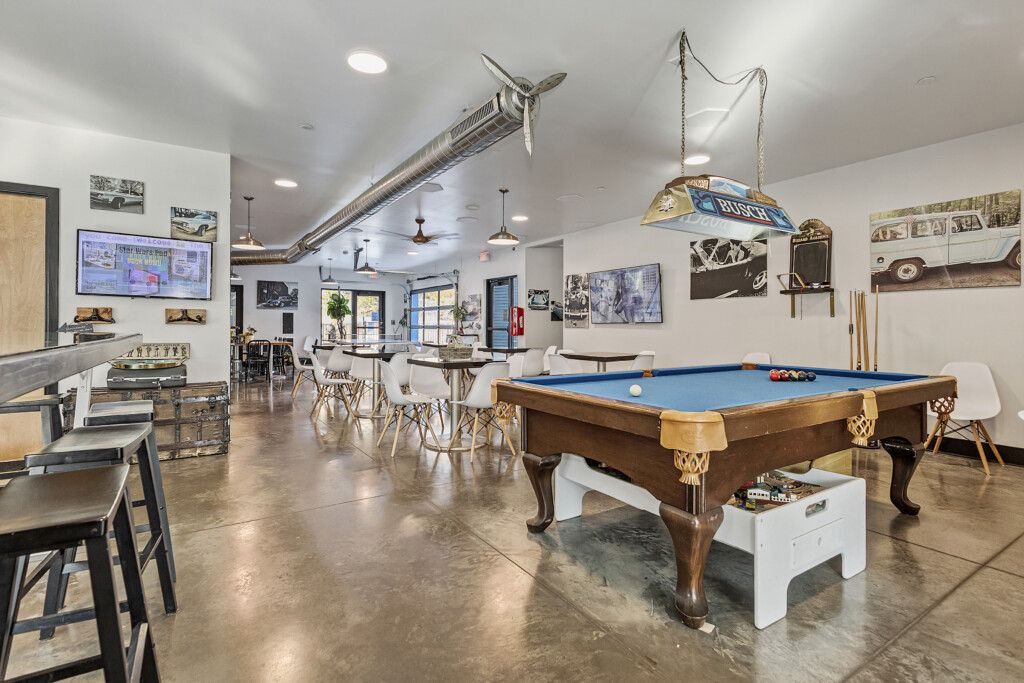Game and dining area located on the first. floor inside the hotel