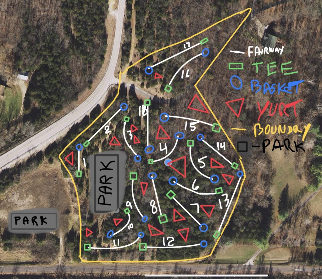 Map of disc golf course behind hotel
